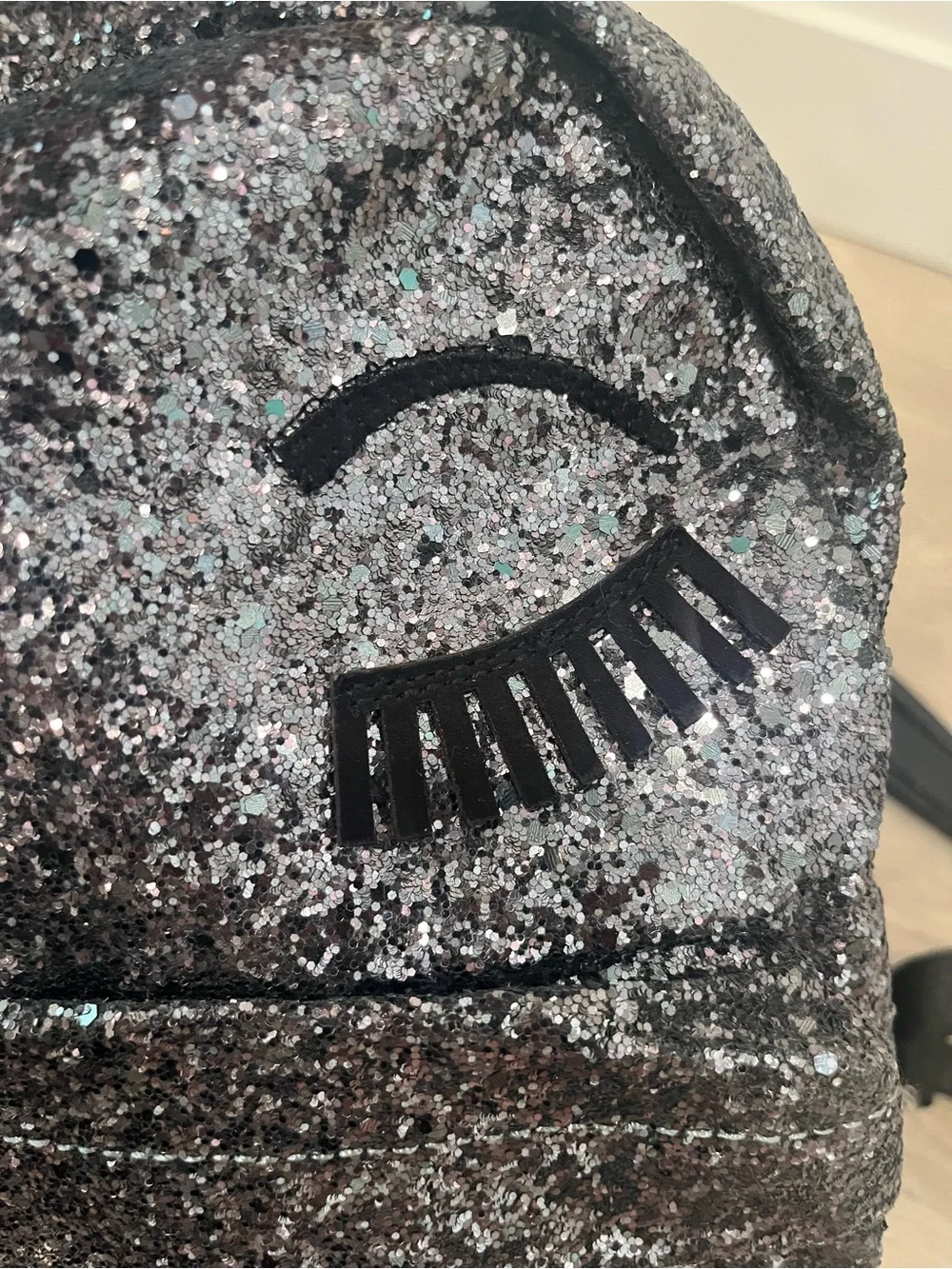 Chiara Ferragni Flirting Glitter Backpack Dark Silver Black Eye Leather Mini